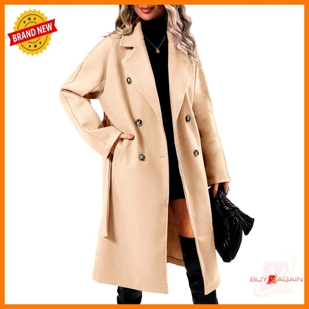 Elegant Wool Pea Coat Double Breasted Lapel Collar Belted Pockets Winter